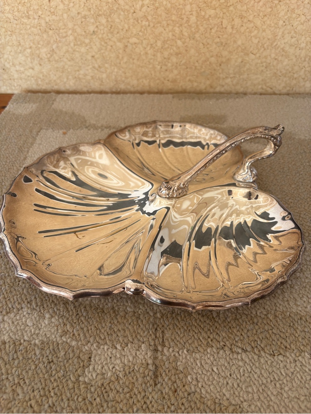 Three-Section Silver-Tone Leaf Serving Dish with Handle